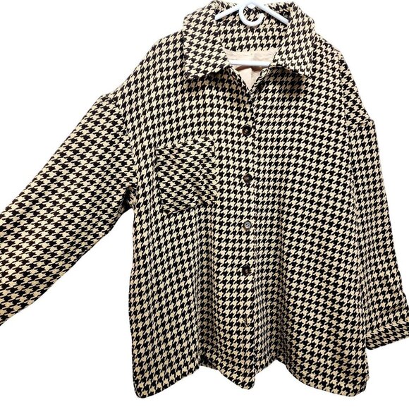Houndstooth Button-Up Long Sleeve Coat Jacket 2XL Black & Beige - Picture 10 of 12